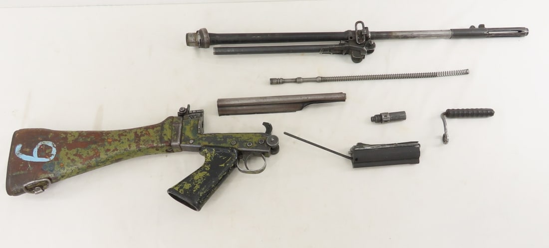 Rhodesian FAL Rifle Parts Kit: Rhodesian FAL Rifle Parts Kit - 21" barrel, gas block ears are closed, top cover, bolt carrier, gas tube nut, carry handle, firing pin with spring, lower receiver marked C34 with pistol grip and wood 