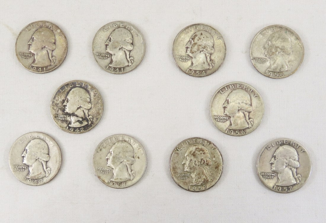 10 1940's & 1950's 90% Silver Washington Quarters (1 of 11)