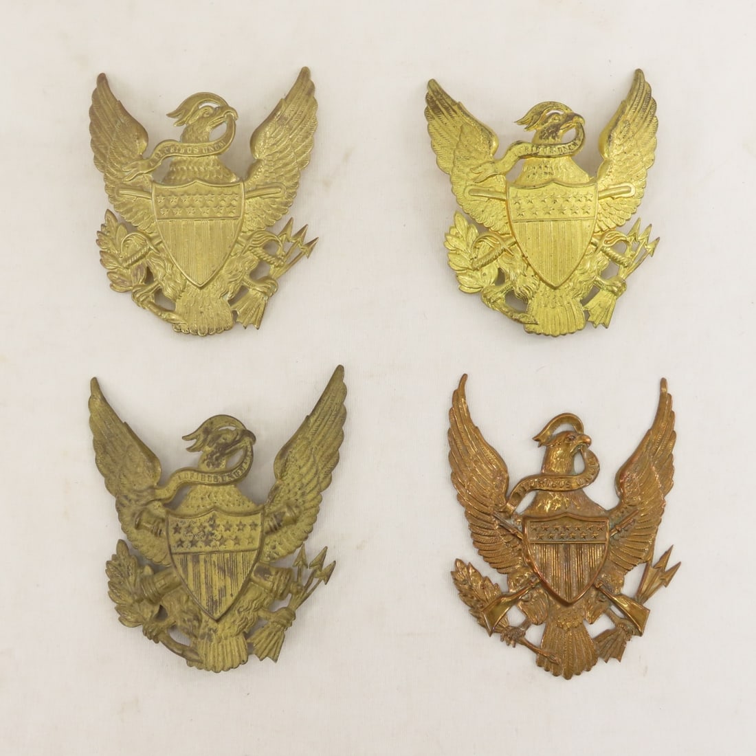 US Army Indian War Eagle Helmet Plates: US Army Indian War Eagle Helmet Plates - 4-1/2" x 4-3/4", Lot Size: 5 x 4", .5 lb All information and photos are intended to be as accurate as possible, but errors are possible. No item may be