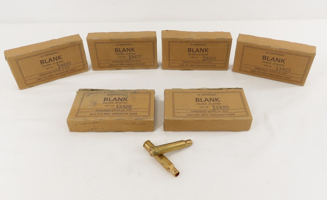 120 Rounds .30 Cal M1909 Blank - Lake City: 120 Rounds .30 Cal M1909 Blank - Lake City - in 5 sealed boxes, and 1 open- 1 round is spent. LOT SIZE: 6x5x3" 4 LBS All information and photos are intended to be as accurate as possible, but errors