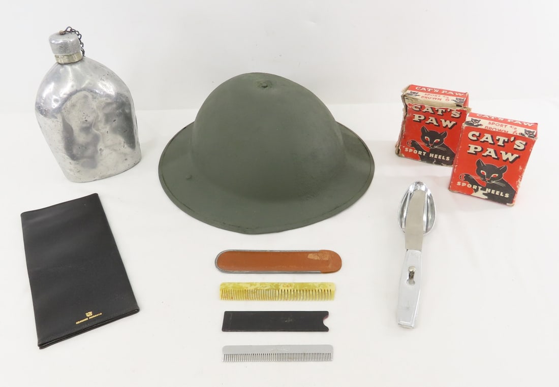 Doughboy Helmet Shell, Canteen, Silverware & more: Doughboy Helmet Shell, Canteen, Silverware & more - Lot Size 12x12x10" 4 LB All information and photos are intended to be as accurate as possible, but errors are possible. No item may be returned or