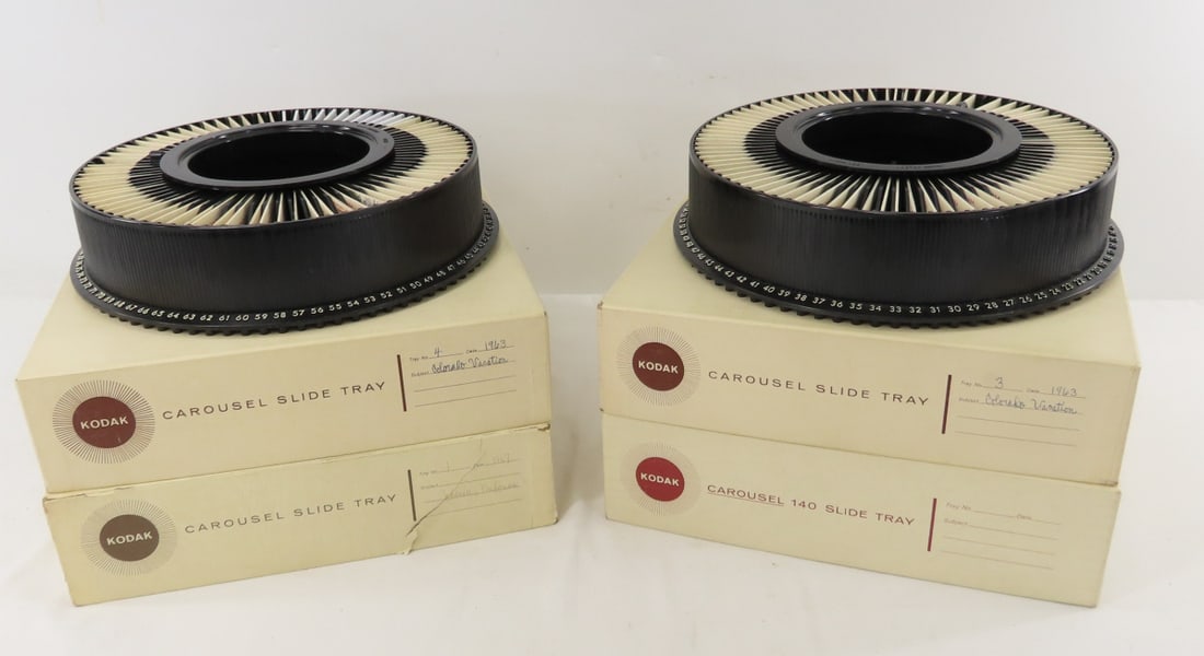 Kodak Carousel slide trays of vintage slides: Kodak Carousel slide trays of vintage slides - 2 trays from a 1963 trip to Colorado and the Grand Canyon, 1 tray of trips from Dec. 1969 to Dec. 1971 to Florida, and loose slides from Washington DC