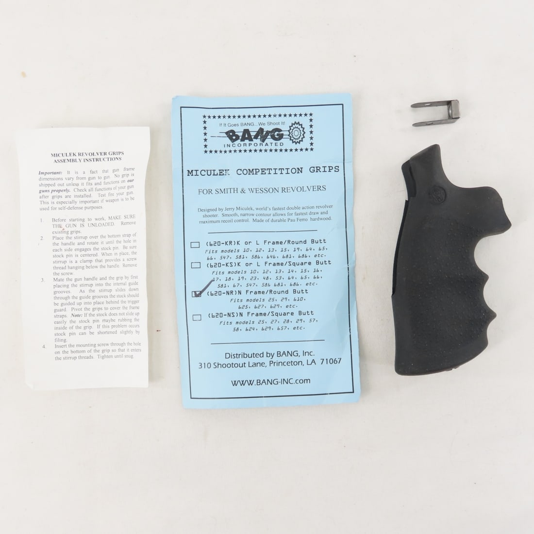 BANG Inc 1-piece grip Miculek Competition Grip NIP: BANG Inc 1-piece grip Miculek Competition Grip NIP - Model 620-NR, with round butt, for Smith and Wesson N-frame revolvers models 25, 29, 610, 625, 627, 629, and others. Lot Size.5x3x2" 1 LB All