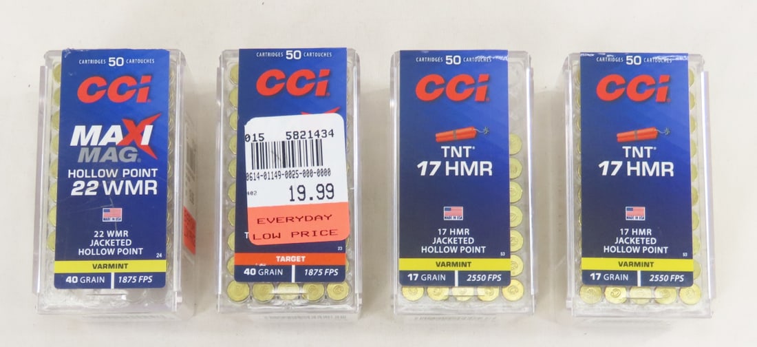 Ammunition:96 rds CCI 22 WMR & 85 rds CCI 17 HMR: Ammunition:96 rds CCI 22 WMR & 85 rds CCI 17 HMR - Lot Size 4x4x4" 2 LB All information and photos are intended to be as accurate as possible, but errors are possible. No item may be returned or