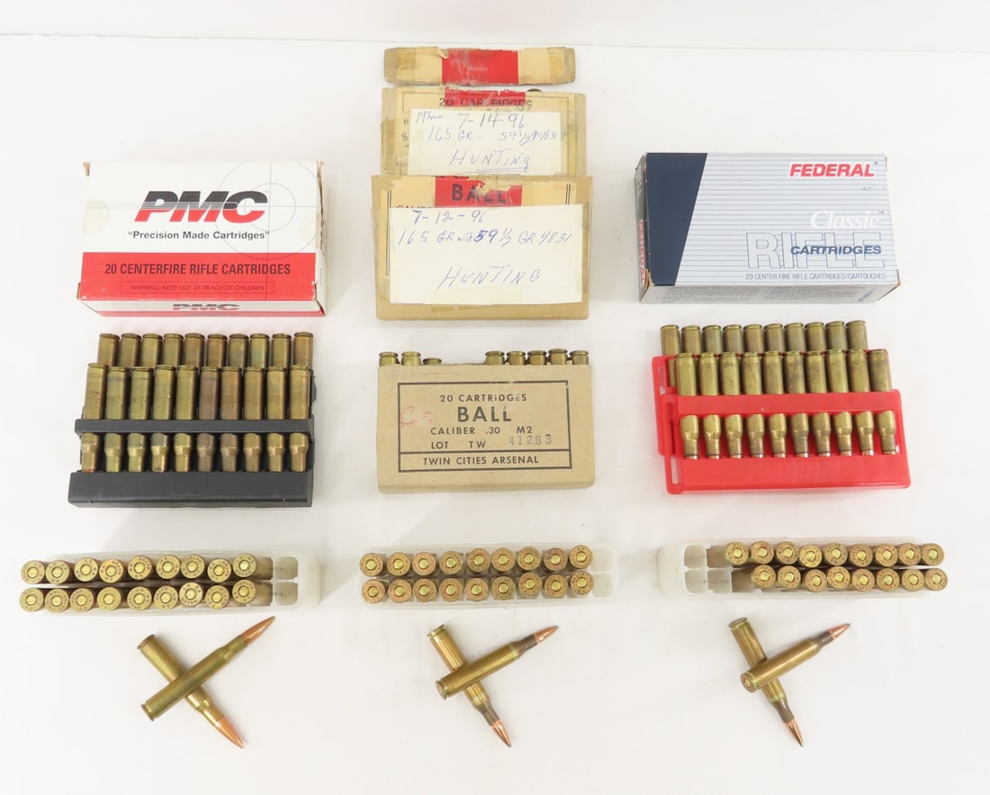 155 rounds of reloaded & unknown loads of .30-06: 155 rounds of reloaded & unknown loads of .30-06 - While some groups of 20 round boxes are marked with reloading data, all are sold as-is for component reuse. Lot Size 12x5x4" 10 LB All information