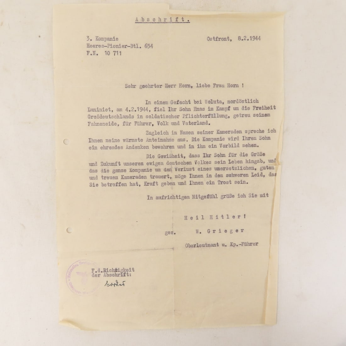 WW2 German Fallen Soldier Death Card, Notification - 15