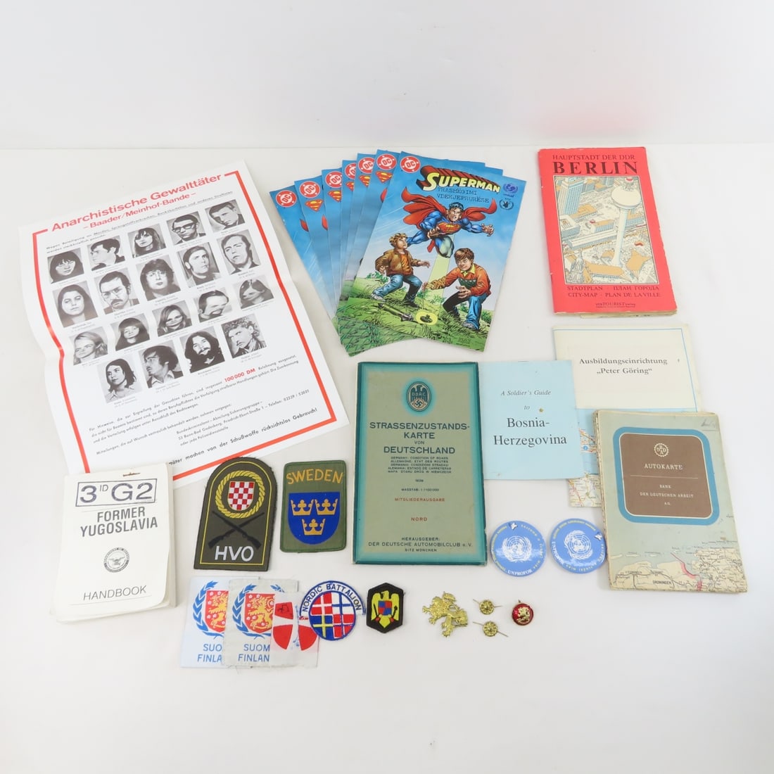 Vintage German Maps, Wanted Poster & More: Vintage German Maps, Wanted Poster & More - German Maps, Reproduction Red Army Wanted Poster, DC Superman Comic Books, Bosnian Soldiers Guide, "Former Yugoslavia" Military Handbook, military Patches.