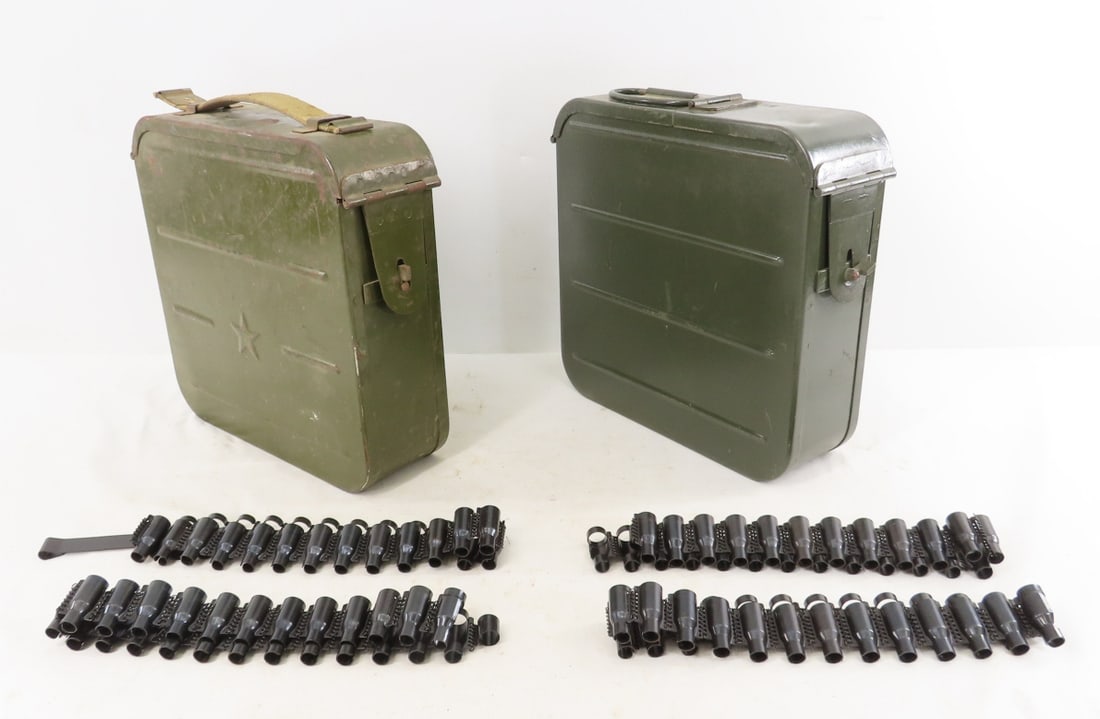 2 Vintage Soviet Maxim Machine Gun Ammo Cans: 2 Vintage Soviet Maxim Machine Gun Ammo Cans - WWII era & other. Lot Size: 11 x 10 x 7", 11 lbs All information and photos are intended to be as accurate as possible, but errors are possible. No item