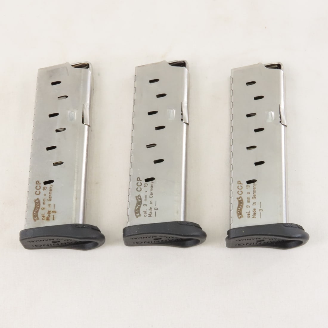 4 Walther CCP Magazines. 9mm. 8 rd.: 4 Walther CCP Magazines. 9mm. 8 rd. - LOT SIZE: 5x3x2", 1 lb All information and photos are intended to be as accurate as possible, but errors are possible. No item may be returned or refused based