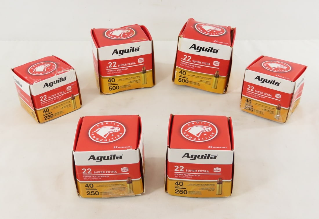 Aguila .22 LR Super Extra 40 gr. 2000 rds: Aguila .22 LR Super Extra 40 gr. 2000 rds - (2-500rd boxes, 4-250rd boxes), copper plated. LOT SIZE: 8x7x6", 16 lbs All information and photos are intended to be as accurate as possible, but errors