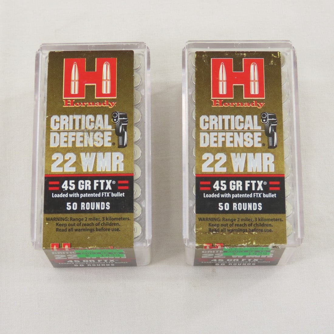 100 Rounds Hornady Critical Defense 22 WMR Ammo: 100 Rounds Hornady Critical Defense 22 WMR Ammo - Lot Size 4x4x2" 1 LB All information and photos are intended to be as accurate as possible, but errors are possible. No item may be returned or