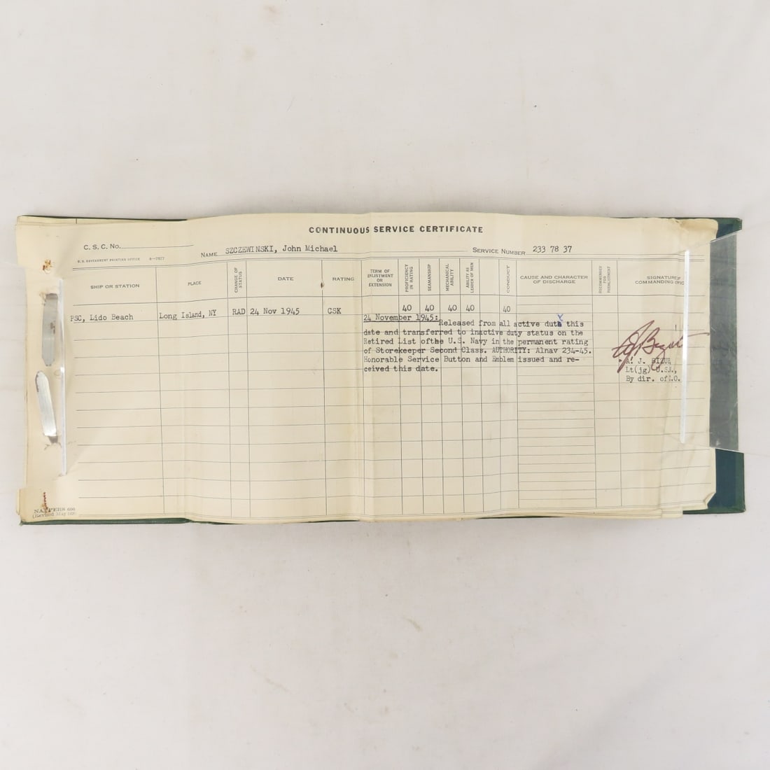 US Navy Continuous Service Certificate 1927-1945 - 6