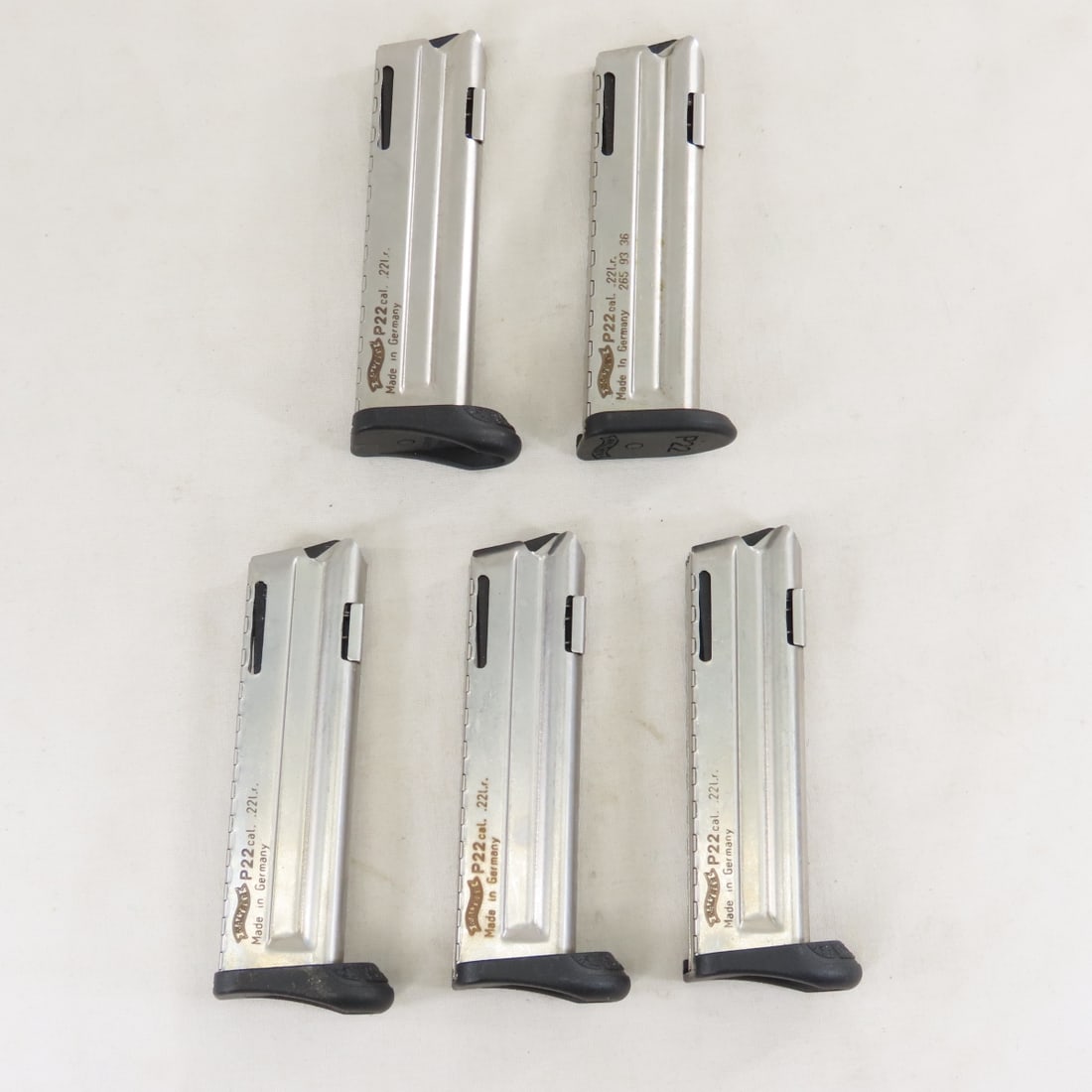 5 Walther P22 .22LR 10 Round Magazines: 5 Walther P22 .22LR 10 Round Magazines - LOT SIZE: 4x4x2", 1 LB All information and photos are intended to be as accurate as possible, but errors are possible. No item may be returned or refused
