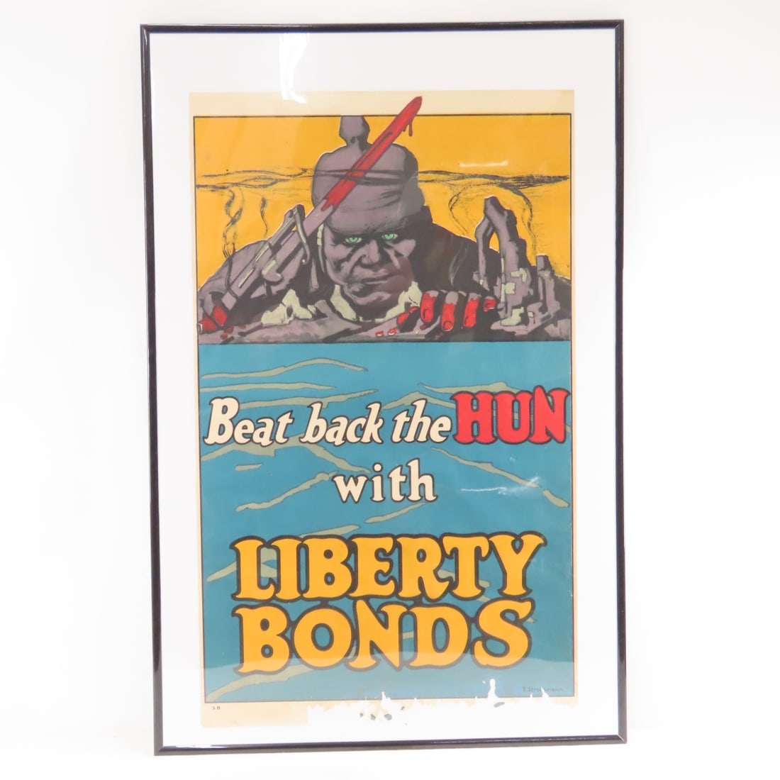 WWI Poster-“Beat back the HUN with LIBERTY BONDS”: WWI Poster-“Beat back the HUN with LIBERTY BONDS” - US War Bonds poster. Artwork by F. Strolhmann. Poster measures 29 ½ x 18”, in a 22” x 34” poster frame. Bottom