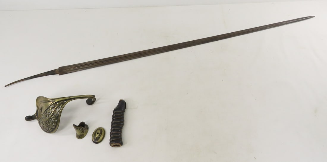 Sword for repair Dates etched in blade 1855 & 1860: Sword for repair Dates etched in blade 1855 & 1860 - other markings on blade include "S" "Arrowhead" & "7" Tang marked "5" "D" & "1". Inscribed with French writing. Blade Measures 34" Lot Size