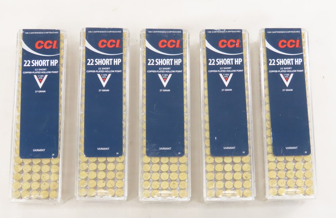 500 Rounds CCI 22 Short HP Ammunition: 500 Rounds CCI 22 Short HP Ammunition - 5 100 Round boxes. Lot Size 6x5x3" 4 LB All information and photos are intended to be as accurate as possible, but errors are possible. No item may be returned