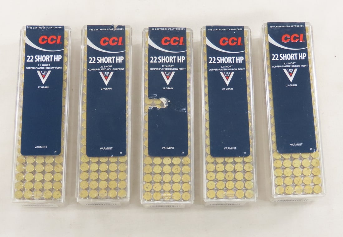500 Rounds CCI 22 Short HP Ammunition: 500 Rounds CCI 22 Short HP Ammunition - 5 100 Round boxes. Lot Size 6x5x3" 4 LB All information and photos are intended to be as accurate as possible, but errors are possible. No item may be returned
