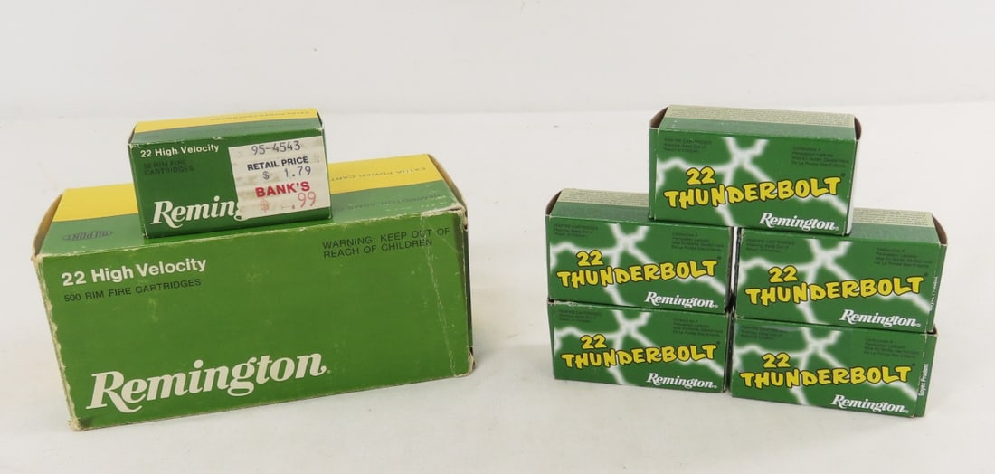 700 Rounds Remington 22LR Ammunition: 700 Rounds Remington 22LR Ammunition - 5 50 round boxes of 22 Thunderbolt. 450 Rounds (of 500 round box) Remington High Velocity. Lot Size 6x4x3" 5 LB All information and photos are intended to be as