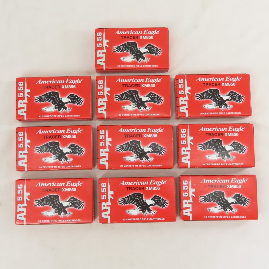200 Rounds American Eagle Tracer XM856 Ammunition: 200 Rounds American Eagle Tracer XM856 Ammunition - 10 Boxes of 20 Rounds. Lot Size 7x6x3" 6 LB All information and photos are intended to be as accurate as possible, but errors are possible. No item