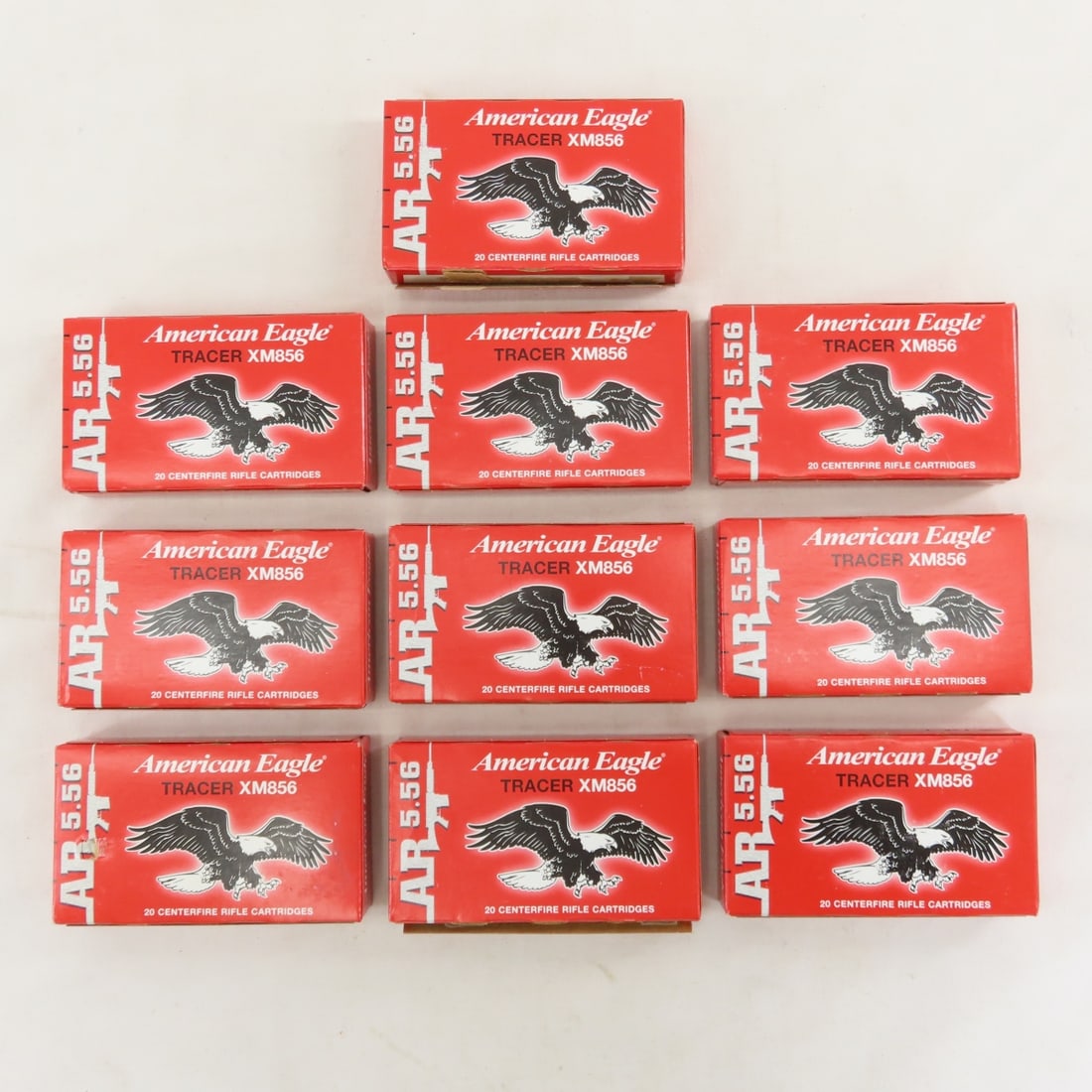 200 Rounds American Eagle Tracer XM856 Ammunition: 200 Rounds American Eagle Tracer XM856 Ammunition - 10 Boxes of 20 Rounds. Lot Size 7x6x3" 6 LB All information and photos are intended to be as accurate as possible, but errors are possible. No item