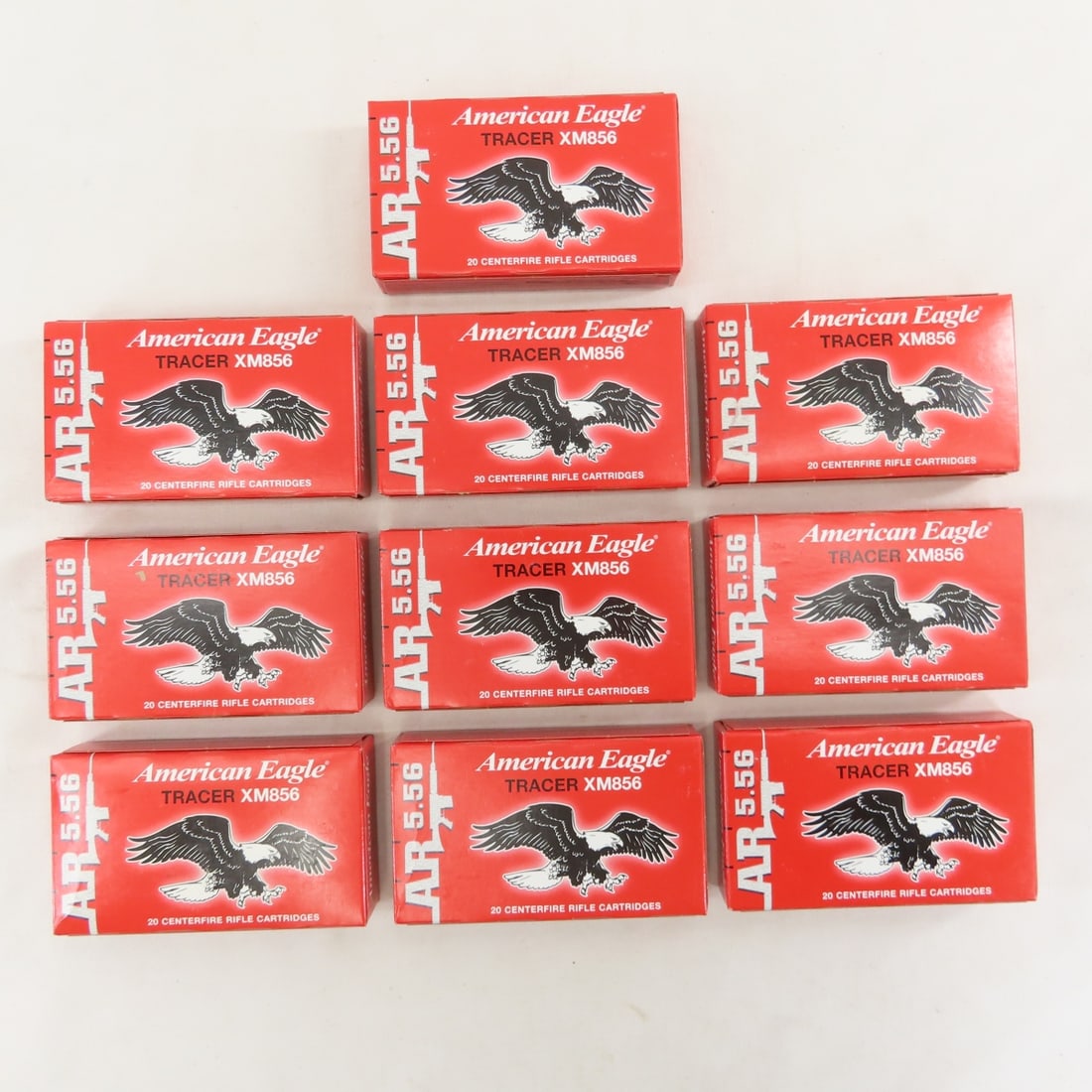200 Rounds American Eagle Tracer XM856 Ammunition: 200 Rounds American Eagle Tracer XM856 Ammunition - 10 Boxes of 20 Rounds. Lot Size 7x6x3" 6 LB All information and photos are intended to be as accurate as possible, but errors are possible. No item