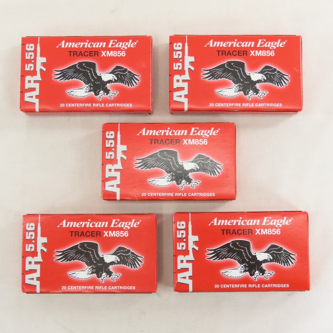 100 Rounds American Eagle Tracer XM856 Ammunition: 100 Rounds American Eagle Tracer XM856 Ammunition - 5 Boxes of 20 Rounds. Lot Size 5x4x3" 3 LB All information and photos are intended to be as accurate as possible, but errors are possible. No item