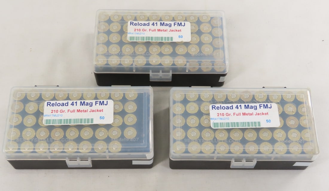 135 Reloaded 41 Mag FMJ Ammunition: 135 Reloaded 41 Mag FMJ Ammunition - a few brass rounds in plastic cases. Lot Size 6x6x3" 7 LB All information and photos are intended to be as accurate as possible, but errors are possible. No item m