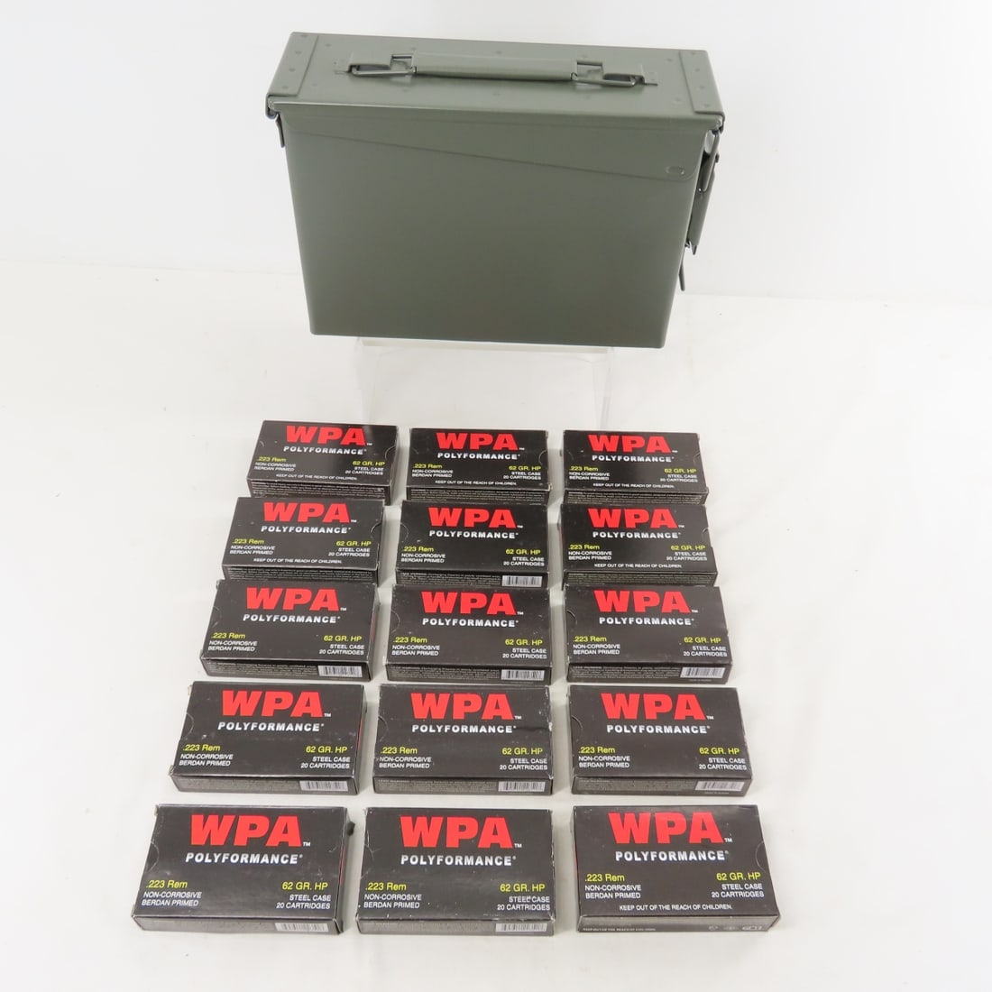 300 Rounds Wolf WPA Polyformance 223 Rem Ammo: 300 Rounds Wolf WPA Polyformance 223 Rem Ammo - in metal ammunition can. Lot Size 12x8x4" 11 LB All information and photos are intended to be as accurate as possible, but errors are possible. No item