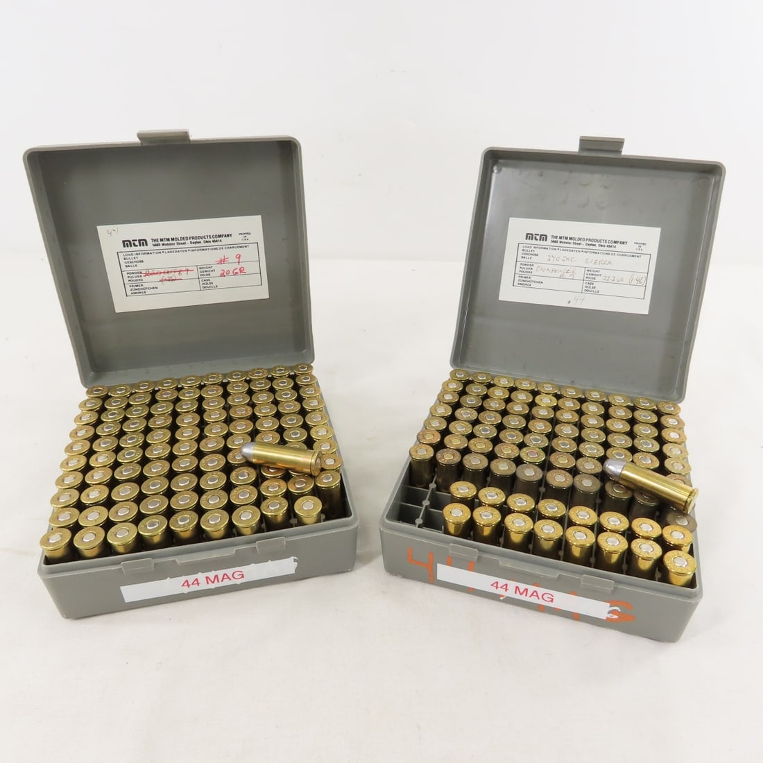 188 Rounds 44 Rem Mag Reloaded Ammunition: 188 Rounds 44 Rem Mag Reloaded Ammunition - Lot Size 6x6x4" 10 LB All information and photos are intended to be as accurate as possible, but errors are possible. No item may be returned or refused bas