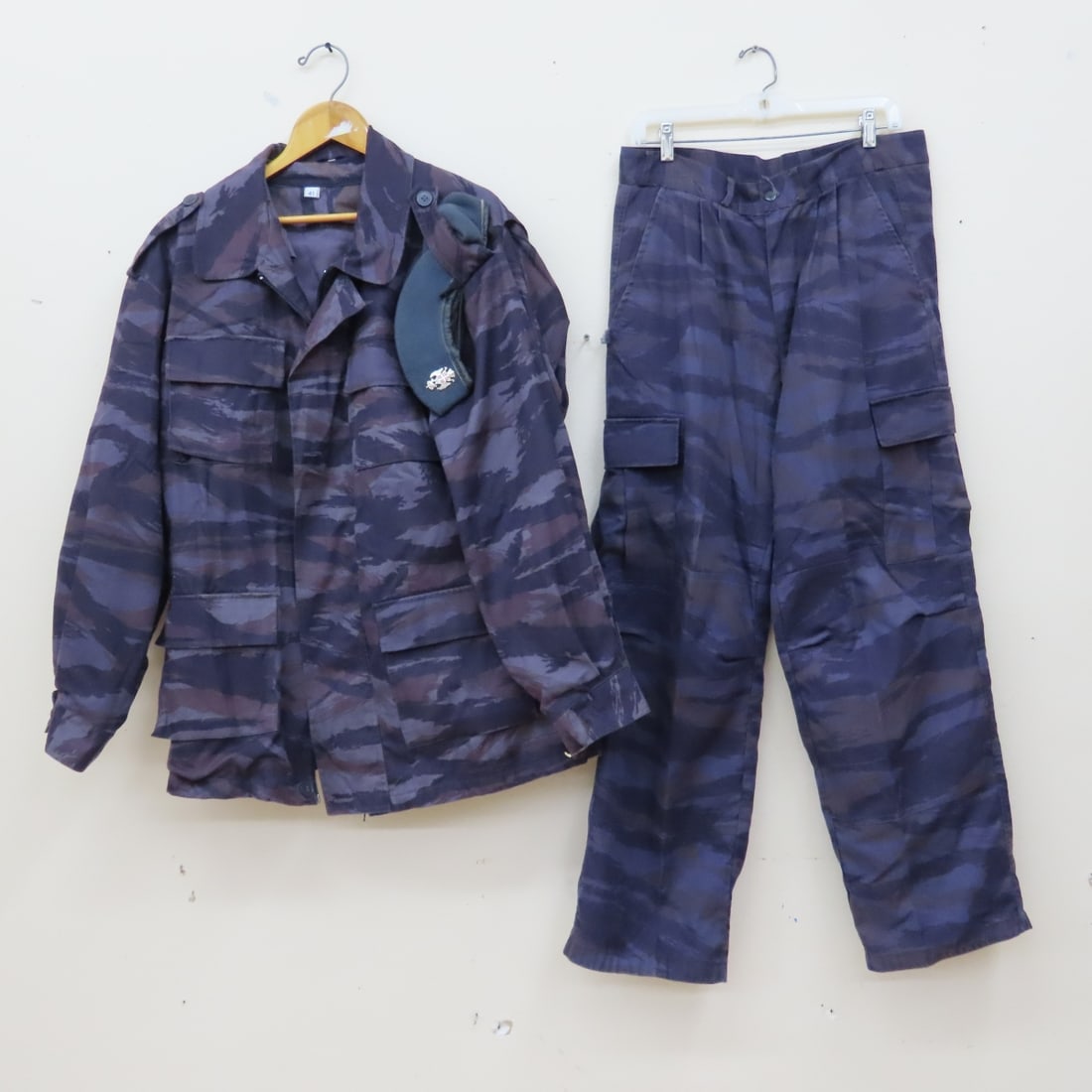 Vintage Serbian Purple Tiger Stripe Jacket, Shirt: Vintage Serbian Purple Tiger Stripe Jacket, Shirt - Yugoslav Serbian Purple Tiger Stripe Field Jacket, Shirt & Pants. Field Jacket Size 54, Pit to Pit: 20", Collar to Hem: 30", Field Shirt Size 41,