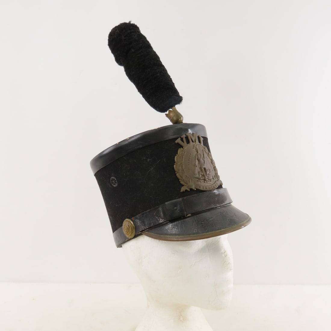 Virginia Military VMI Cadet Shako Hat with Plume: Virginia Military VMI Cadet Shako Hat with Plume - Virginia Military Institute Cadet Shako Hat with Plume. Lexington, VA. Lot Size: 14 x 10 x 7", 1 lb All information and photos are intended to be as
