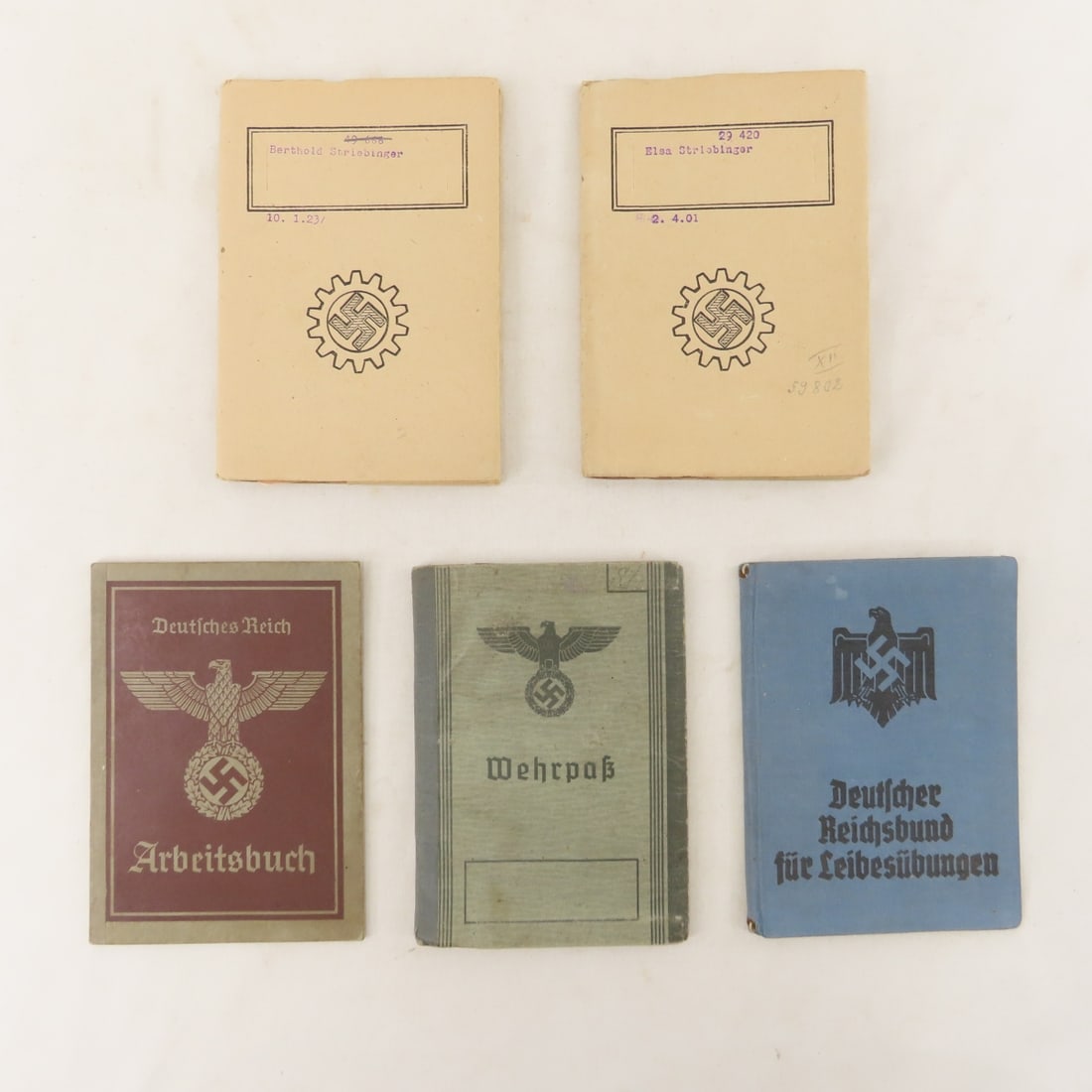 WWII German Striebinger Family Passes, Workbooks: WWII German Striebinger Family Passes, Workbooks - Berthold Striebinger, Elsa Striebinger, Richaw Striebinger. Membership Booklet, third Reich Arbeitsbuch (Employment Book), Wehrpass, German Labour