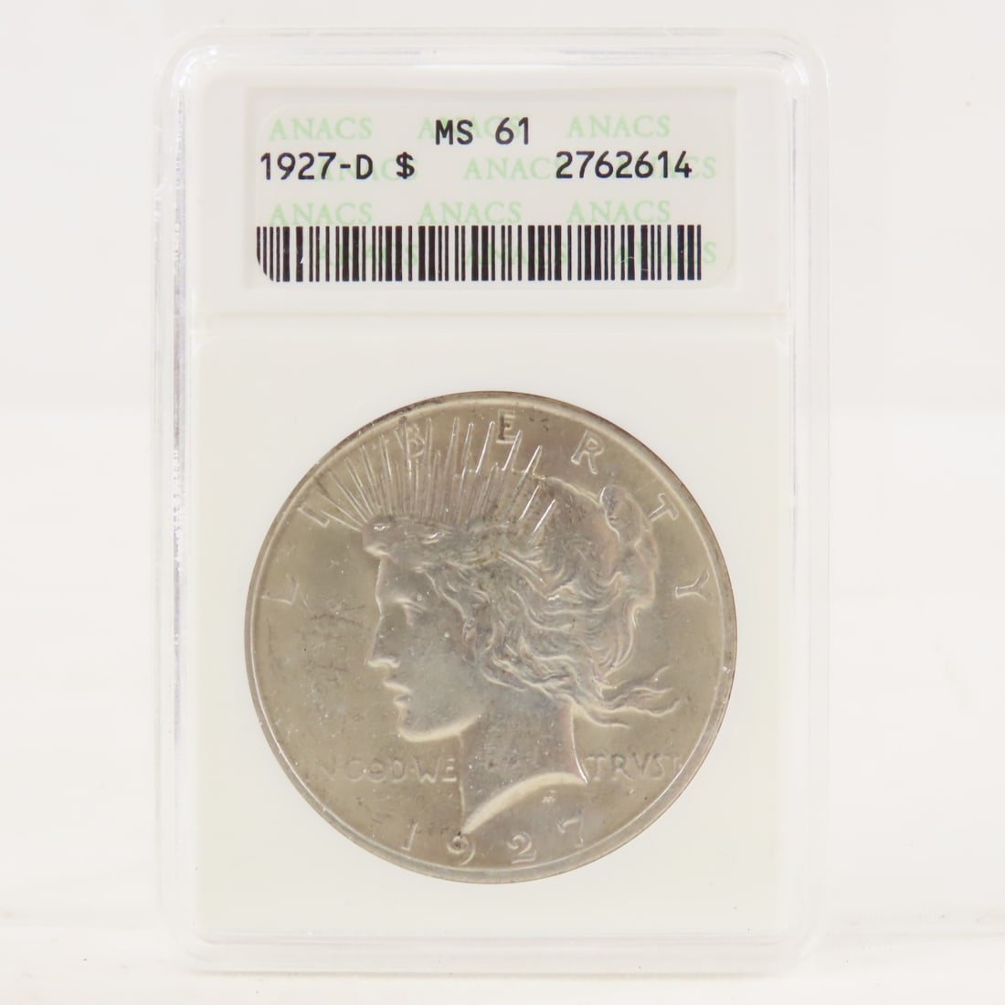 1927 D Peace Silver Dollar ANACS MS61: 1927 D Peace Silver Dollar ANACS MS61 - Lot Size 4x3x1" 1 LB All information and photos are intended to be as accurate as possible, but errors are possible. No item may be returned or refused based on