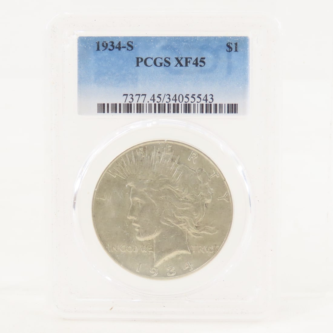 1934 S Peace Silver Dollar PCGS XF45: 1934 S Peace Silver Dollar PCGS XF45 - Lot Size 4x3x1" 1 LB All information and photos are intended to be as accurate as possible, but errors are possible. No item may be returned or refused based on