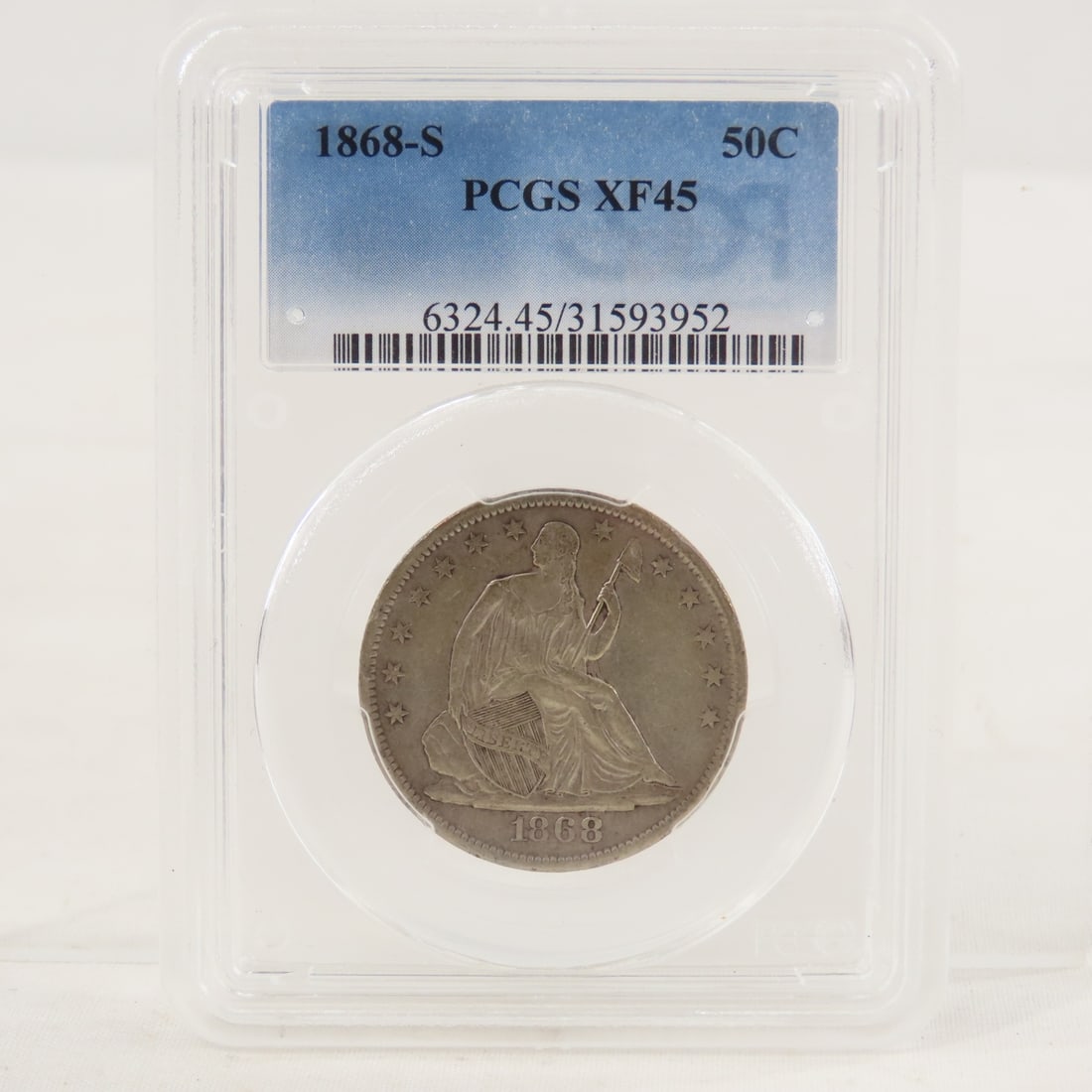 1868 S Seated Liberty Half Dollar PCGS XF45: 1868 S Seated Liberty Half Dollar PCGS XF45 - Lot Size 4x3x1" 1 LB All information and photos are intended to be as accurate as possible, but errors are possible. No item may be returned or refused