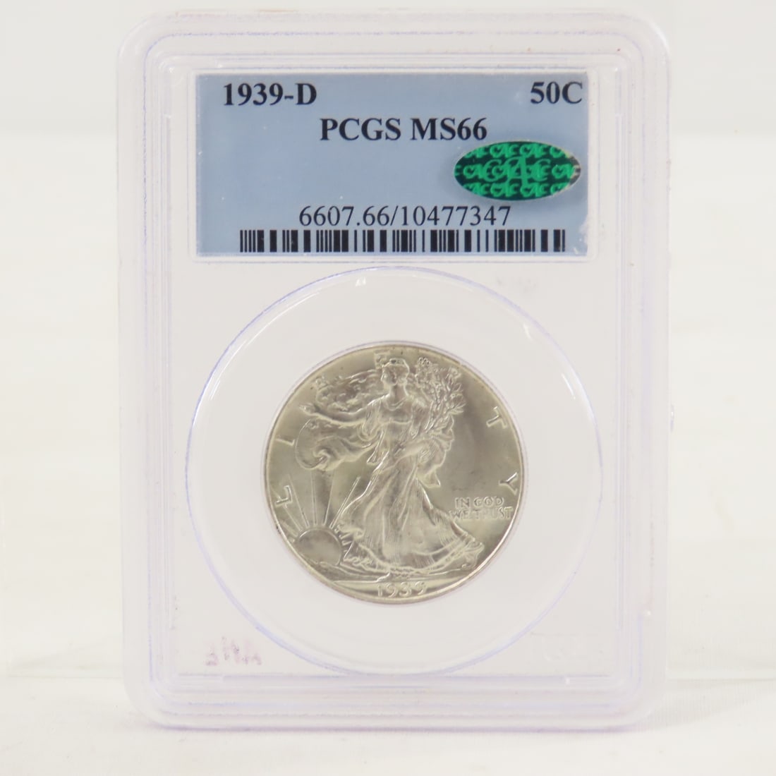 1939 D Walking Liberty Half Dollar PCGS MS66: 1939 D Walking Liberty Half Dollar PCGS MS66 - Lot Size 4x3x1" 1 LB All information and photos are intended to be as accurate as possible, but errors are possible. No item may be returned or refused