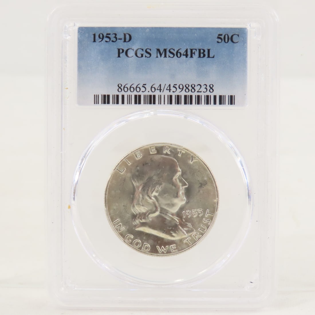 1953 D Franklin Silver Half Dollar PCGS MS64FBL: 1953 D Franklin Silver Half Dollar PCGS MS64FBL - Lot Size 4x3x1" 1 LB All information and photos are intended to be as accurate as possible, but errors are possible. No item may be returned or