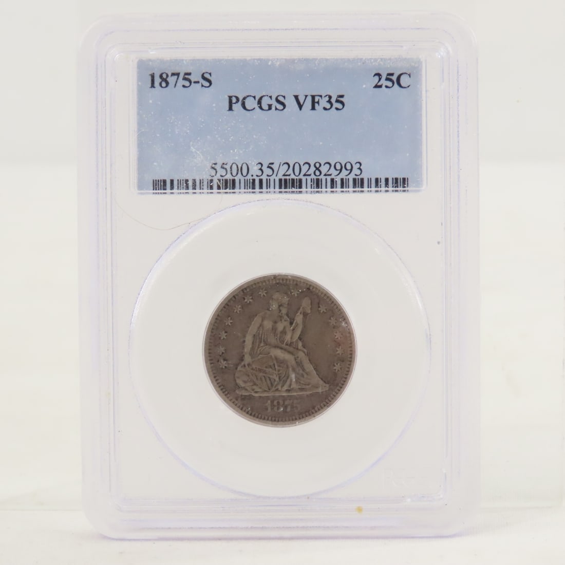 1875 S Seated Liberty Silver Quarter PCGS VF35: 1875 S Seated Liberty Silver Quarter PCGS VF35 - Lot Size 4x3x1" 1 LB All information and photos are intended to be as accurate as possible, but errors are possible. No item may be returned or