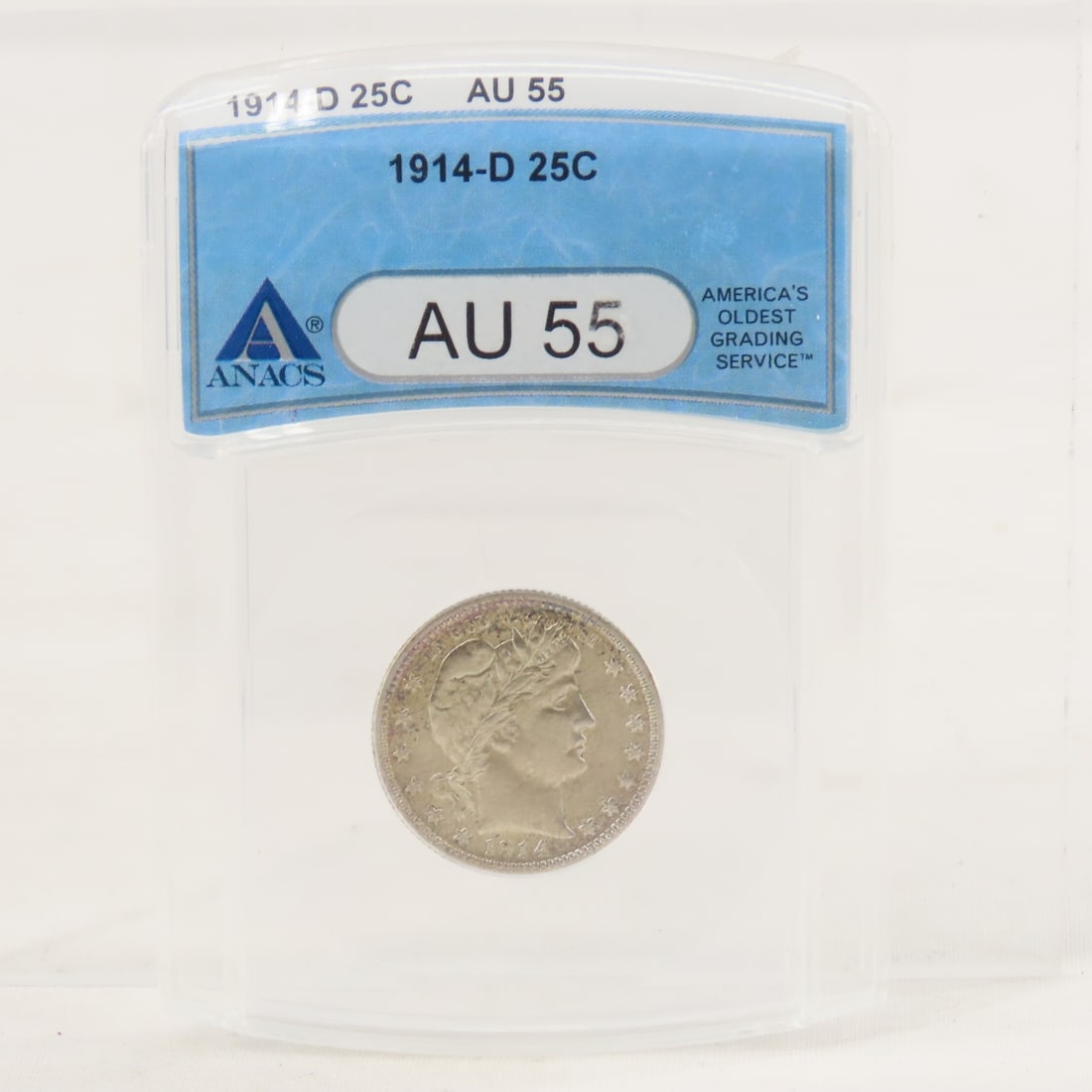 1914 D Barber Silver Quarter ANACS AU55: 1914 D Barber Silver Quarter ANACS AU55 - Lot Size 4x3x1" 1 LB All information and photos are intended to be as accurate as possible, but errors are possible. No item may be returned or refused based
