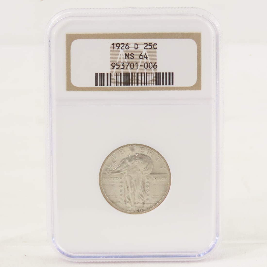 1926 D Standing Liberty Silver Quarter NGC MS64: 1926 D Standing Liberty Silver Quarter NGC MS64 - Lot Size 4x3x1" 1 LB All information and photos are intended to be as accurate as possible, but errors are possible. No item may be returned or