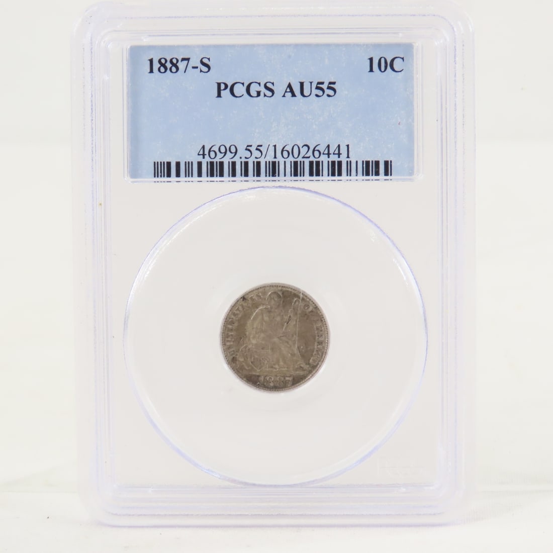 1887 S Seated Liberty Dime PCGS AU55: 1887 S Seated Liberty Dime PCGS AU55 - Lot Size 4x3x1" 1 LB All information and photos are intended to be as accurate as possible, but errors are possible. No item may be returned or refused based on