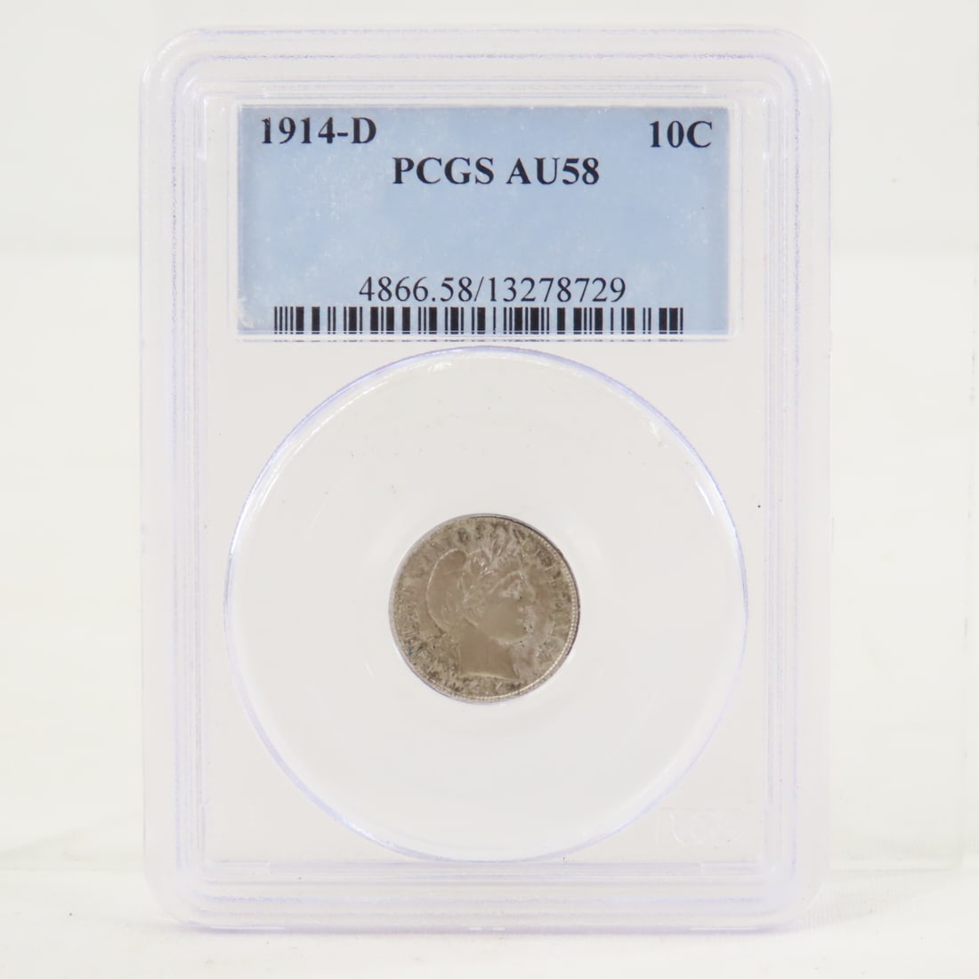 1914 D Barber Silver Dime PCGS AU58: 1914 D Barber Silver Dime PCGS AU58 - Lot Size 4x3x1" 1 LB All information and photos are intended to be as accurate as possible, but errors are possible. No item may be returned or refused based on