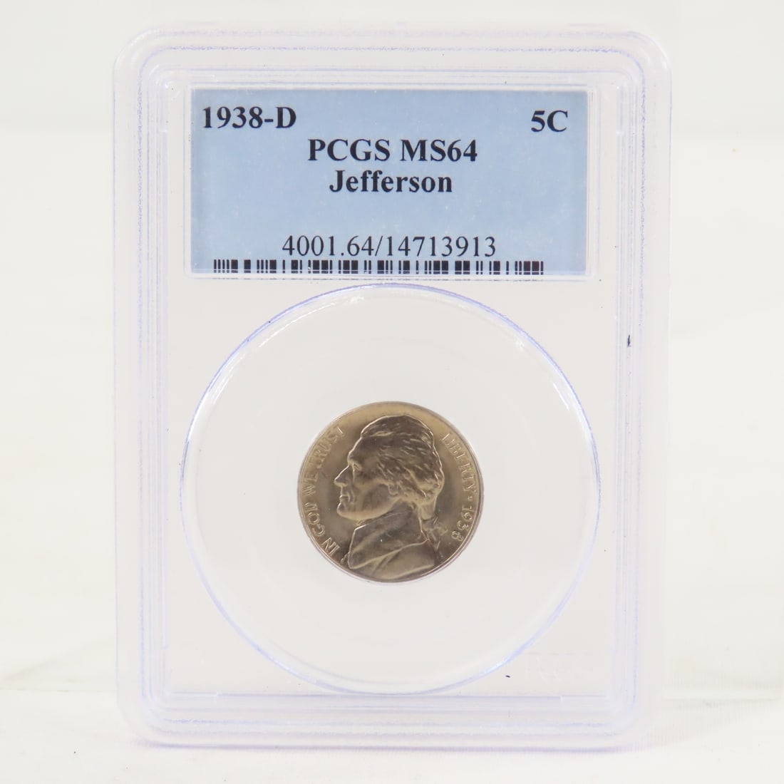 1938 D Jefferson Nickel PCGS MS64: 1938 D Jefferson Nickel PCGS MS64 - Lot Size 4x3x1" 1 LB All information and photos are intended to be as accurate as possible, but errors are possible. No item may be returned or refused based on
