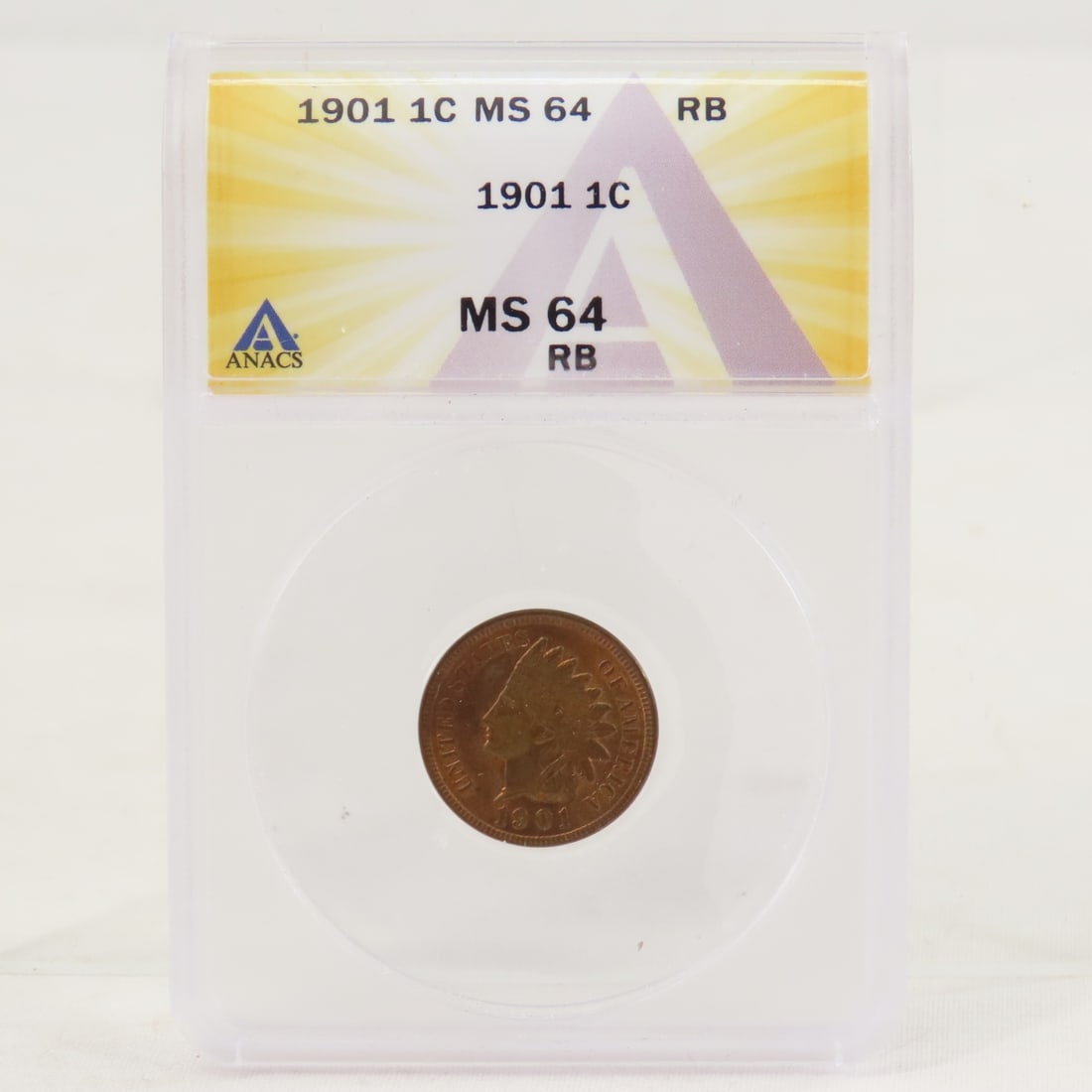 1901 Indian Head Cent ANACS MS64: 1901 Indian Head Cent ANACS MS64 - Lot Size 4x3x1" 1 LB All information and photos are intended to be as accurate as possible, but errors are possible. No item may be returned or refused based on