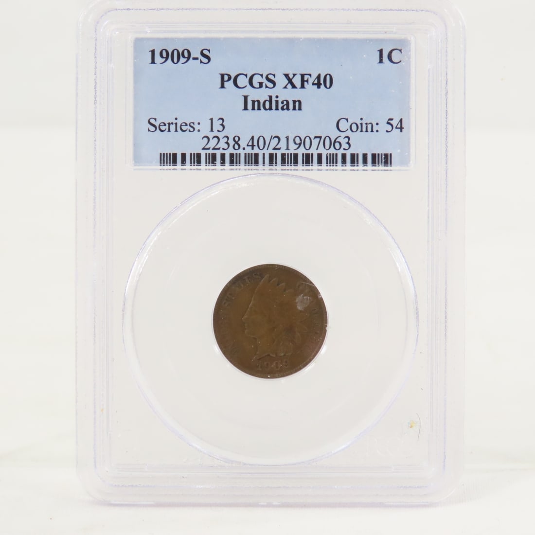 1909 S Indian Head Cent PCGS XF40: 1909 S Indian Head Cent PCGS XF40 - Lot Size 4x3x1" 1 LB All information and photos are intended to be as accurate as possible, but errors are possible. No item may be returned or refused based on
