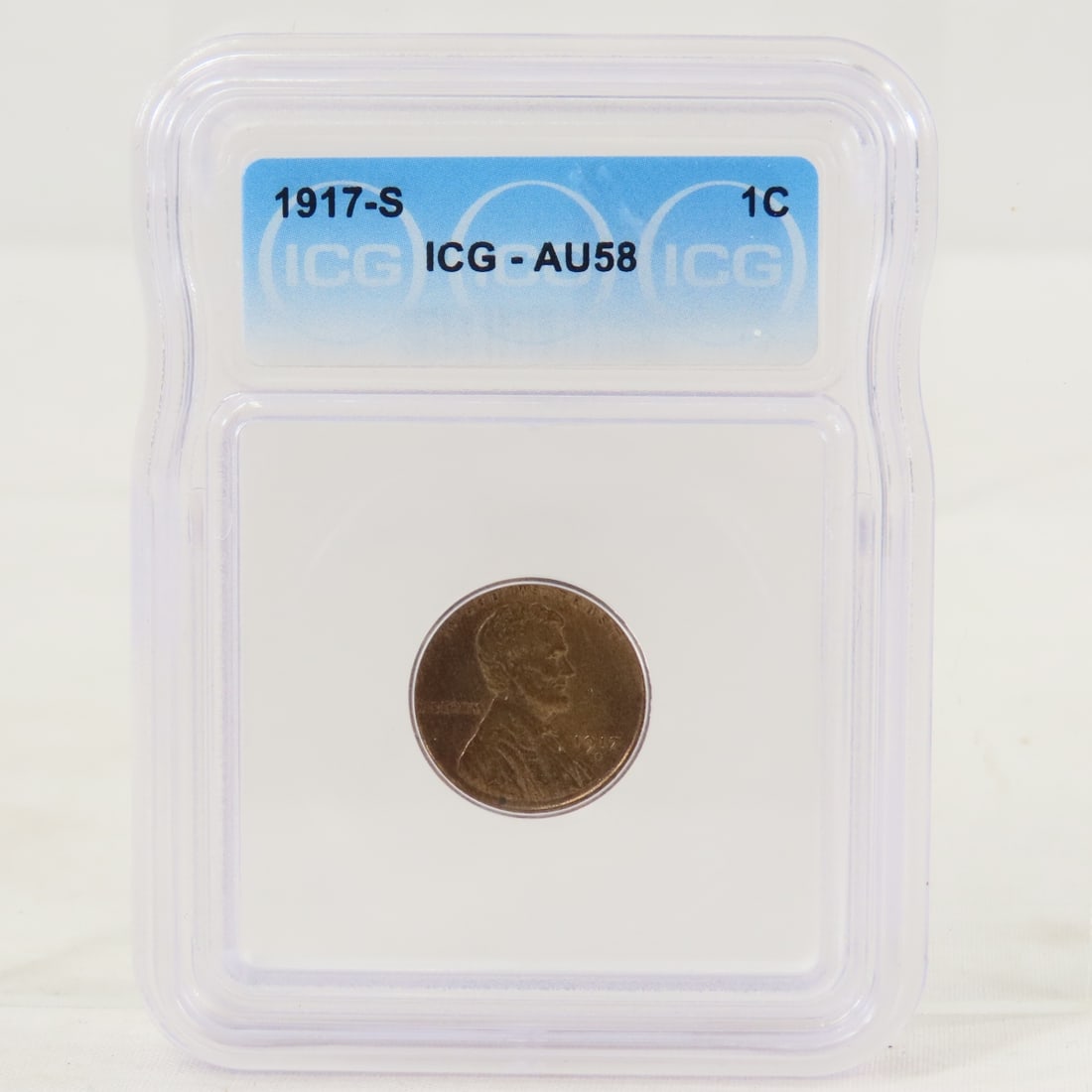 1917 S Lincoln Head Wheat Cent ICG AU58: 1917 S Lincoln Head Wheat Cent ICG AU58 - Lot Size 4x3x1" 1 LB All information and photos are intended to be as accurate as possible, but errors are possible. No item may be returned or refused based