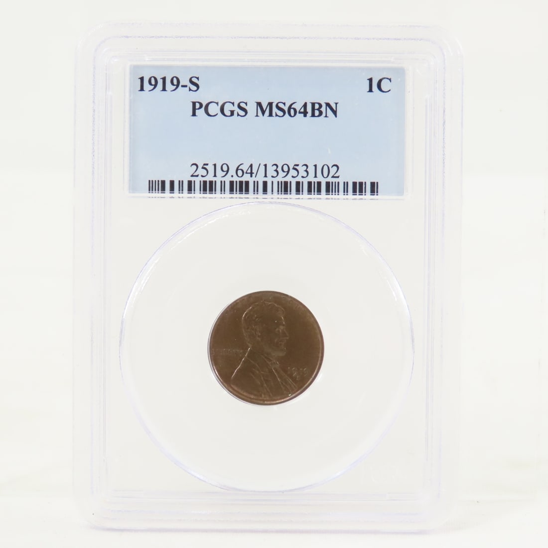 1919 S Lincoln Head Wheat Cent PCGS MS64BN: 1919 S Lincoln Head Wheat Cent PCGS MS64BN - Lot Size 4x3x1" 1 LB All information and photos are intended to be as accurate as possible, but errors are possible. No item may be returned or refused bas