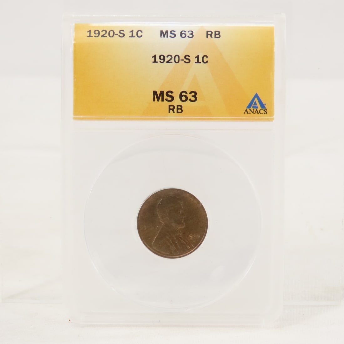 1920 S Lincoln Head Wheat Cent ANACS MS63RB: 1920 S Lincoln Head Wheat Cent ANACS MS63RB - Lot Size 4x3x1" 1 LB All information and photos are intended to be as accurate as possible, but errors are possible. No item may be returned or refused ba