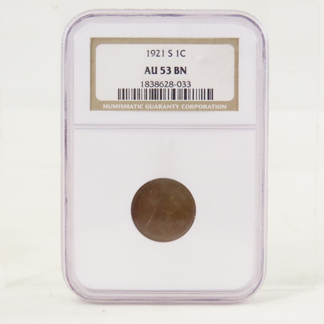 1921 S Lincoln Head Wheat Cent NGC AU53BN: 1921 S Lincoln Head Wheat Cent NGC AU53BN - Lot Size 4x3x1" 1 LB All information and photos are intended to be as accurate as possible, but errors are possible. No item may be returned or refused base