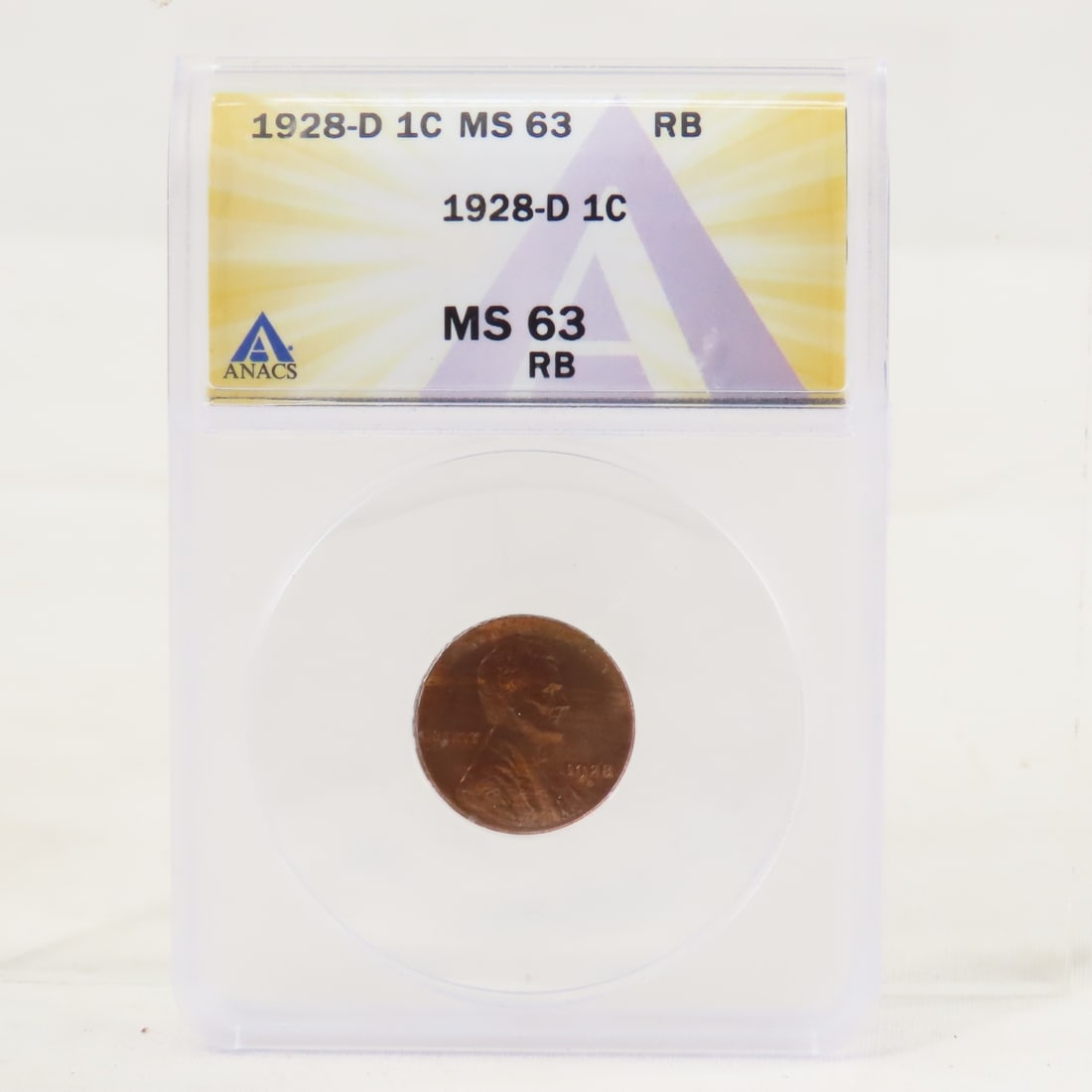 1928 D Lincoln Head Wheat Cent ANACS MS63RB: 1928 D Lincoln Head Wheat Cent ANACS MS63RB - Lot Size 4x3x1" 1 LB All information and photos are intended to be as accurate as possible, but errors are possible. No item may be returned or refused ba